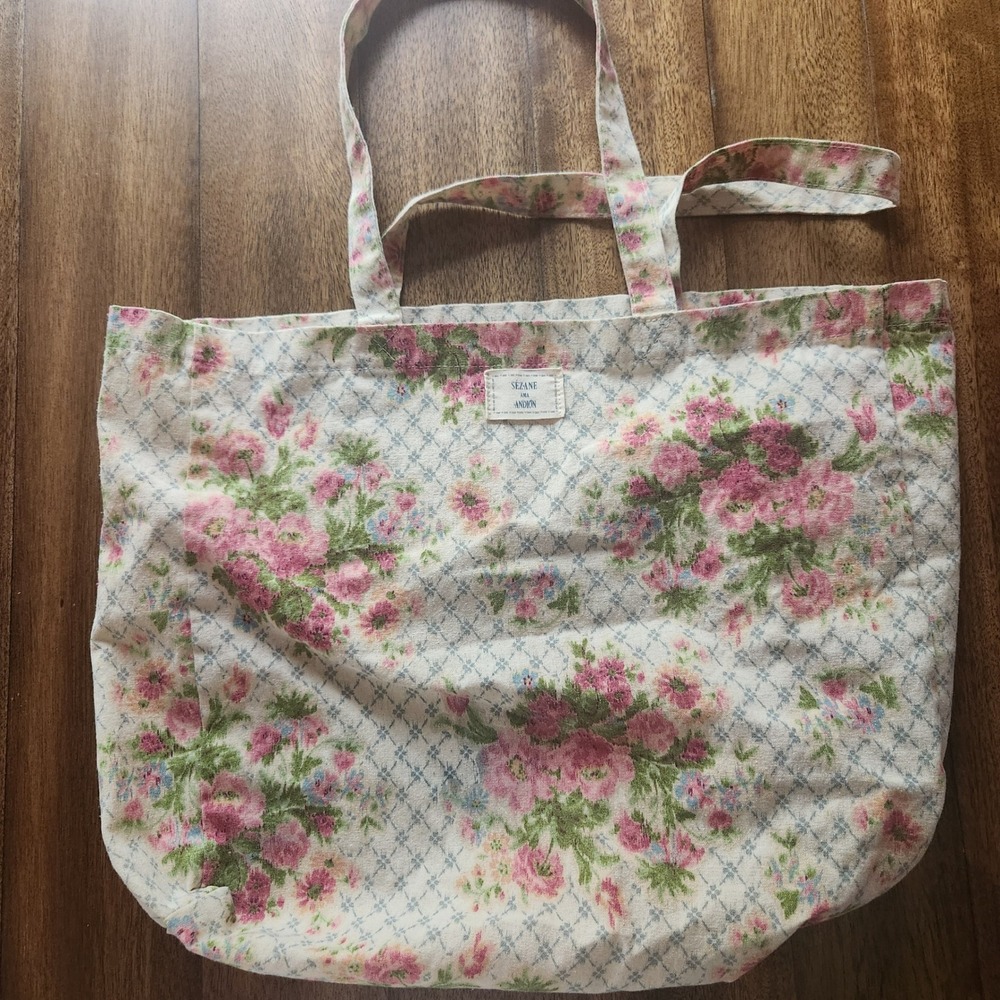 Sezane x Ama Andion Floral Tote Bag Pink Green Rose Cottagecore Textile Large
